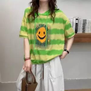 여자 스트링 스마일 톱 후드티 레터링 티 반팔 봄여름 후드 데일리 스트라이프 SPO마켓2