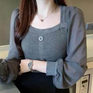 [옷은날개] 여자 직장인 출근 룩 쉬폰 소매 스퀘어 넥 블라우스