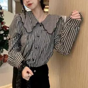 [옷은날개] 체크패턴 물결 빅카라 루즈핏 블라우스 데이트룩