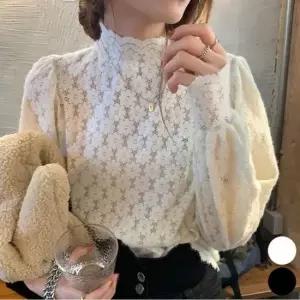 [옷은날개] 여자 프릴넥 시스루 레이스 퍼프 블라우스 반목 셔츠