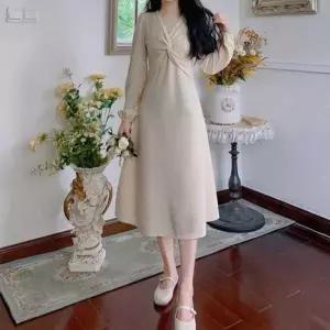 [옷은날개] A라인 롱원피스 꼬임디자인 브이넥 하객룩 스커트