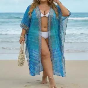 여성 롱 망사 빅사이즈 러블리 비키니 프린트 보헤미안 카디건 앤티크 블라우스 가디건 뷔스티에 비치 믹스