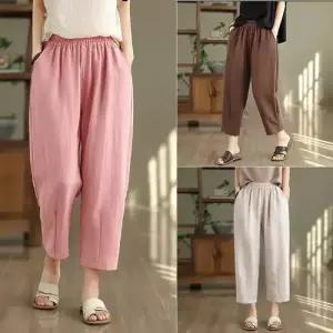 팬츠 바지 여사친 여름 캐주얼 아이템 트렌디 밴딩 면마 배기핏 얇은 배기 7부 HT2