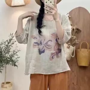 여름 여성용 반팔 티 라운드넥 얇은 프린팅 셔츠 러블리 모시 맨투맨 상의 프린트 다올2