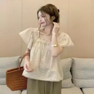 [SBD] 반팔 블라우스 펀칭 셔링 레이스