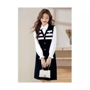 여친 원피스 스커트 니트 미디 가을 투피스 페이크 러블리 긴팔 칼라 스트라이프 다올3