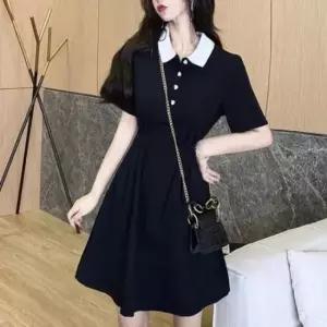[SBD] 스타일 화이트 반팔 원피스 셔츠 배색 여름 스커트 블랙 카라 쉬폰