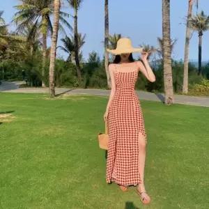 클럽원피스 슬림 여름원피스 체크 롱원피스 나시 절개