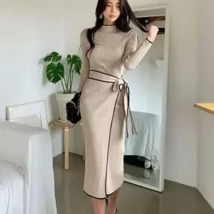 원피스 골지 리본원피스 슬림 블랙 반목원피스 베이지