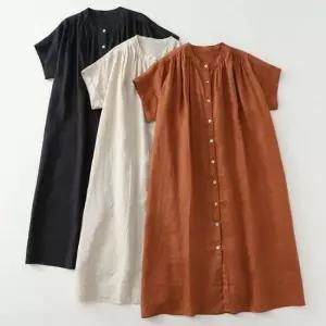 은창)에이라인 버티컬 버튼 면 원피스 여름 치마 반팔