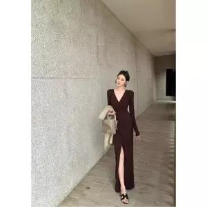 원피스 스커트 롱 가을 여자 분위기 크로스 브이넥 긴팔 슬림핏 주름 트임 허리를 잡아주어 랩 SPO마켓3