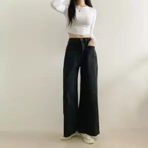 [문에이블]문에이블 여자 여성 허리 밴딩 와이드 핏 키작녀 데님 팬츠 흑청 블랙 청바