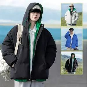 [아이에스이랩]남여공용 엠보 배색 후드 집업 숏패딩 점퍼 I4JK091Q