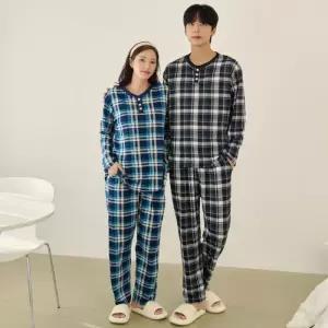 [글램공감]벌스 투피스 잠옷 피치기모 남녀공용 체크 수면잠옷 커플 파자마 긴팔 투피