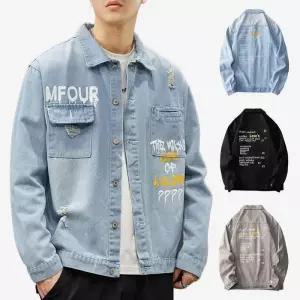 [아이에스이랩]봄 가을 레터링 데님 트레커 청 자켓 I3JK025