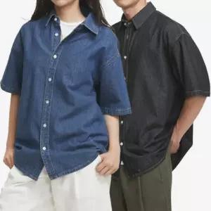 [아이에스이랩]남여공용 여름 시밀러 오버핏 데님 셔츠 I2SH015
