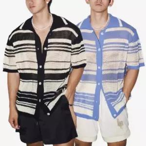 [아이에스이랩]레트로 스트라이프 니트 셔츠 반팔 가디건 I2TS078