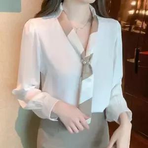 [SBD] 새틴 블라우스 블라우스 긴팔 타이