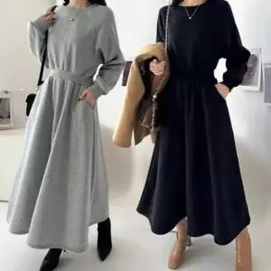 [SBD] 스커트 캐주얼 원피스 롱 여성 면 허리밴드 플레어