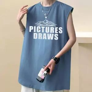 [옷자락]남성 오버사이즈 민소매 티셔츠 나염 프린트