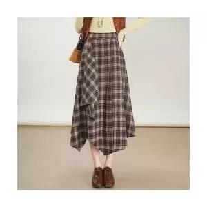 여성 트렌디 아이템 스커트 A라인 체크 언밸런스 캐주얼 롱 슬림핏 가을 HT3