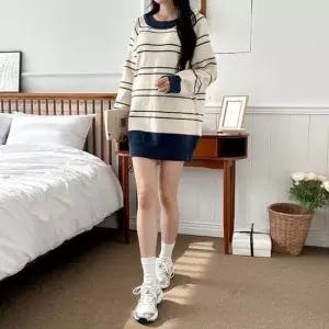 나그랑 데일리 배색 줄무늬 니트 미니 원피스