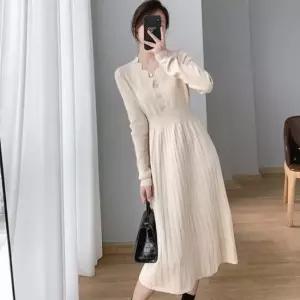 카라넥 허리밴딩 라인 플리츠 니트 원피스 2Color