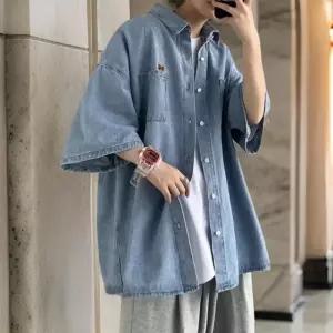 [옷자락]남성 반팔 박스핏 블루 블랙 데님 셔츠