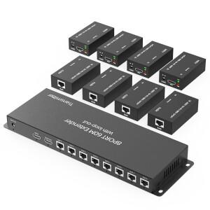 1x8 HDMI 익스텐더 스플리터 60M 195ft 이더넷 Cat5e CAT6 케이블 비디오 RJ45 루프아웃 지원 POC