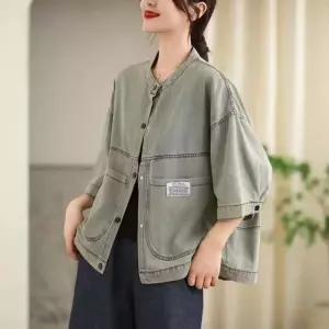 마킷3 여성 무지 셔츠 블라우스 데님 앤티크 여름 빈티지 하이넥 칠부 패치 워싱 화이트 가디건 JEN2