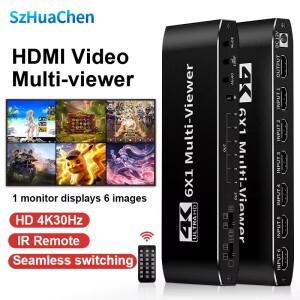 4K HDMI 멀티뷰어 심리스 스위치  쿼드 스크린 카메라 모니터용 IR 리모컨 포함  6 in 1 out  6x1