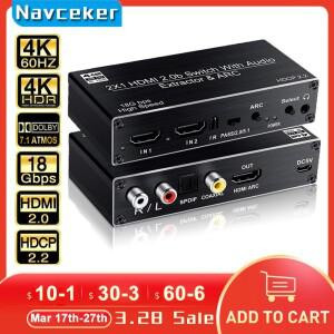 Navceker HDMI 2.0 스위치  2x1  4K 60Hz  3D ARC 및 광학 토스링크 HDR 스위처 지원  플스호환 플스호환 P