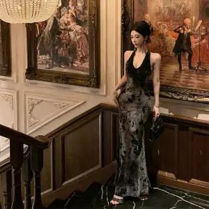 에네로 스커트 원피스 망사 빈티지 머메이드 송년회 롱스커트 힙업 슬림핏 드레스 크리스마스 레이스 나염