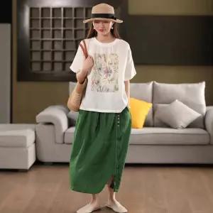 후니오 여성프린트티셔츠 여름 빈티지 프린트 리넨 상의 라운드 반팔 티 맨투맨 UNO2