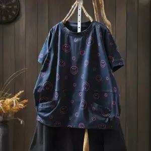 후니오 여성프린트티셔츠 여름 스마일 프린트 반팔 티 여 슬림핏 캐주얼 스판 UNO2