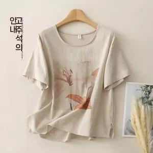 후니오 여성프린트티셔츠 여름 면마 빈티지 프린트 캐주얼 반팔 상의 티셔츠 UNO2