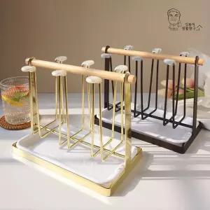 북유럽 우드 메탈 컵걸이 6구 건조대 트레이 거치대 물받이이 식기 주방정리 정리대 싱크대