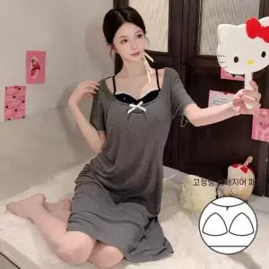 띠엔다 스커트 롱 여름 투피스 럭셔리 수면 대범한 커플 룩 잠옷 반팔 잠옷세트 가짜 실내복 가벼운 기본