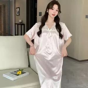 띠엔다 치마 여름 반팔 쿨링 브이넥 커플 잠옷 롱스커트 레이스 끈 잠옷세트 실내복 프렌치 ADOR2