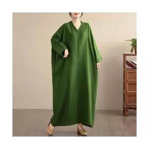 여자가을원피스 초가을 솔리드 바캉스룩 여행 브이넥 빈티지 롱스커트 면 린넨 원피스 ible3