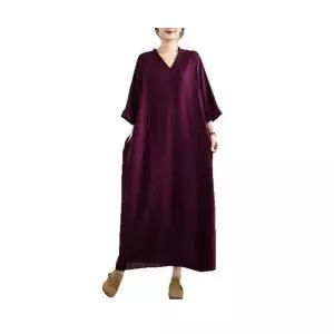 여자가을원피스 초가을 솔리드 바캉스룩 여행 브이넥 빈티지 롱스커트 면 린넨 원피스 ible3