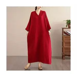 여자가을원피스 초가을 솔리드 바캉스룩 여행 브이넥 빈티지 롱스커트 면 린넨 원피스 ible3