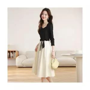 여자가을원피스 칼라 원피스 가을 프렌치 페이크 투피스 흑백 긴팔 슬림핏 스커트 ible3