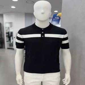 [트루젠]남자 여름 반팔 실크 혼방 리오셀 가로 패턴 폴로 카라넥 니트 스웨터 티셔츠