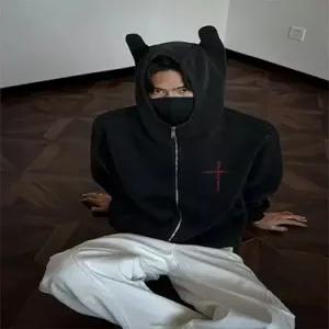 블랙 가을 남자집업가디건 워싱 데빌 맨투맨 십자가 자수 후드 카디건 ible3