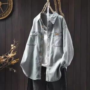 하프 청 여친 빈티지 캐주얼 무지데님 셔츠 투 포켓 와펜 싱글 카디건 톱 DUCHI1