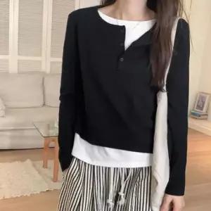 [옷은날개] 레이어드 스타일 골지티셔츠 긴팔 라운드 티셔츠 단추