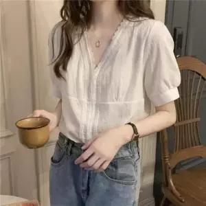 [SBD] 귀여운 레이스 반팔 브이넥 여름 블라우스 여성