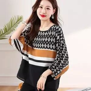 마르소 여친 실크 춘추 셔츠 블라우스 소매 환타지 얇은 상의 라운드 가오리핏 풀오버 UNO1