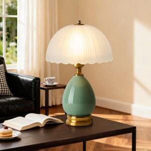 플래시시네 세라믹 테이블 램프, 모던 베드사이드 램프 그린 미드 센추리 빈티지 책상 레트로 유리 버섯 전통 나이트스탠드 거실 침실 홈 데코 (S04GN-1PACK)